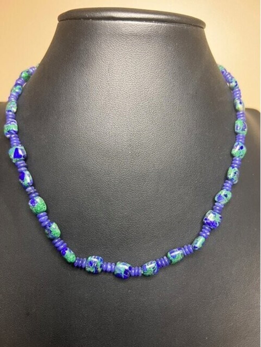 B6836 Azurite Malachite Style Gemstone Beaded Necklace 17" Blue Green Toggle